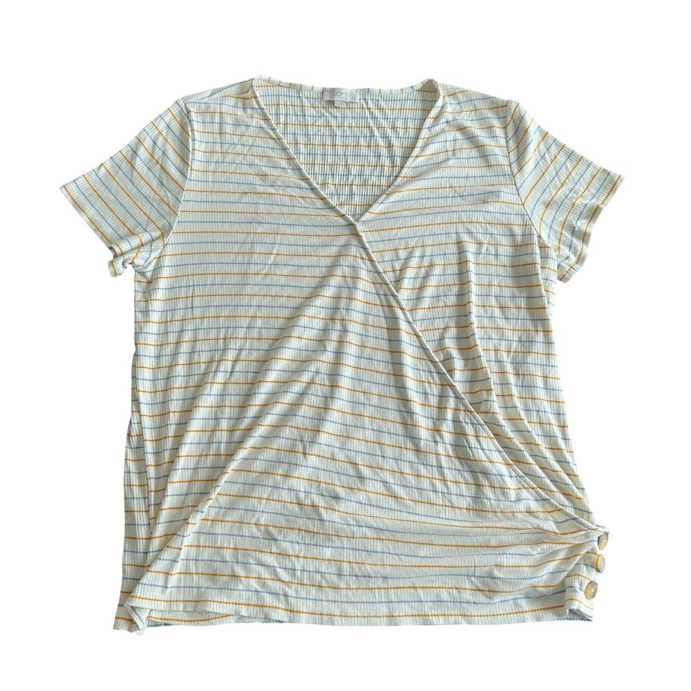 LOFT Women's ribbed wrap tee, blue, orange stripe on cream, short sleeve, XXL